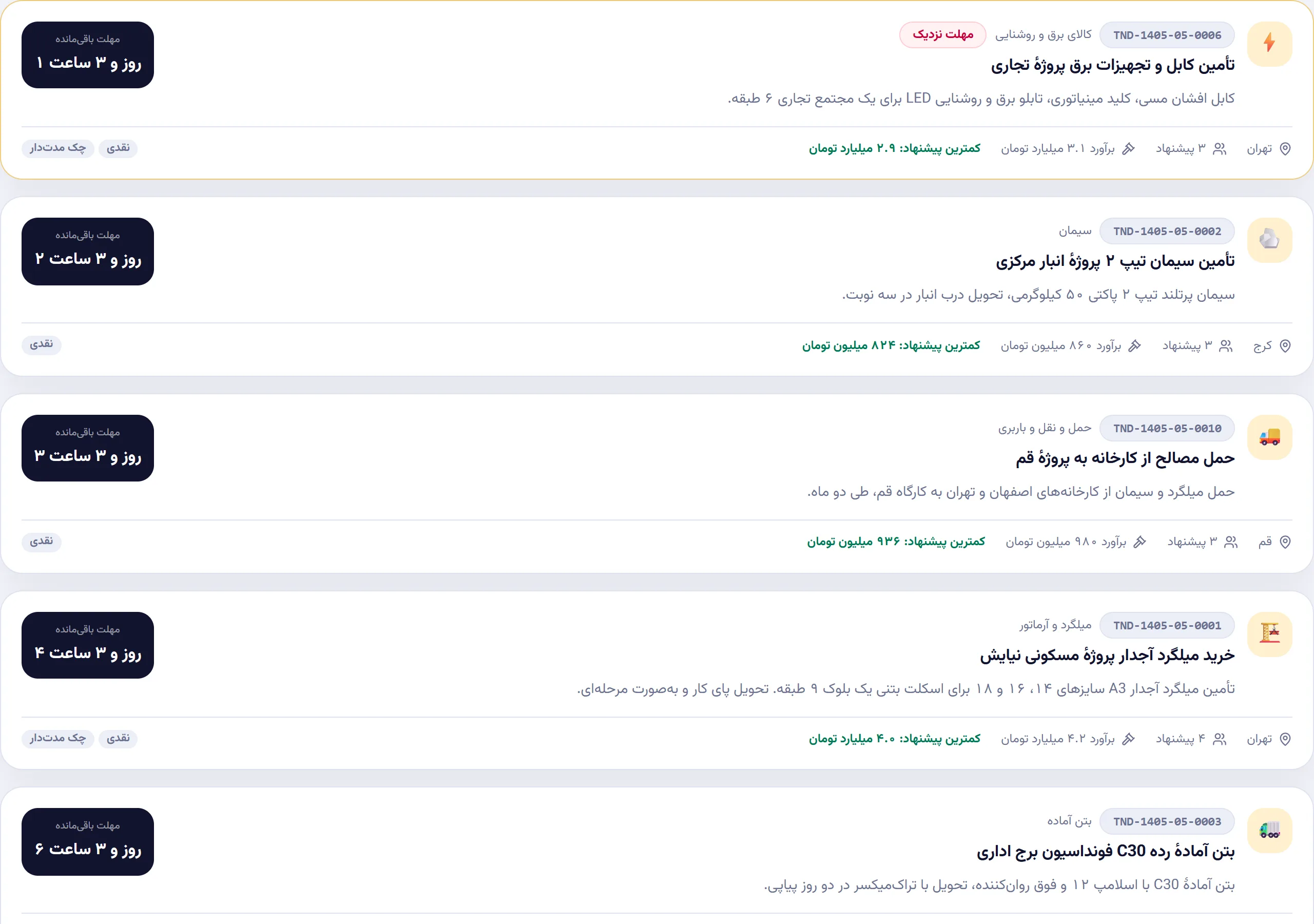 فهرست مناقصههای باز در پورتال